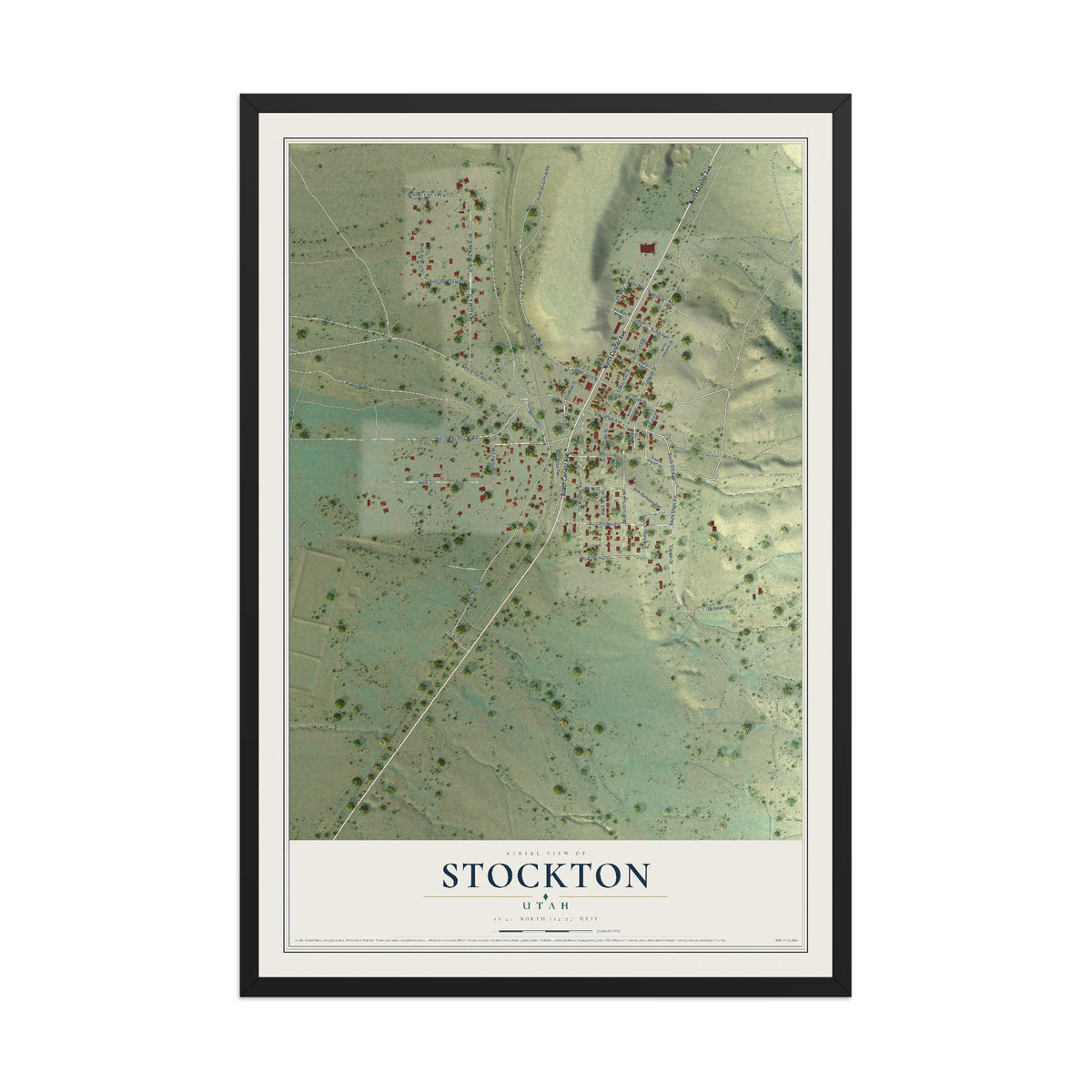 Map of Stockton, Utah, 12 x 18 inch print in a black wood frame