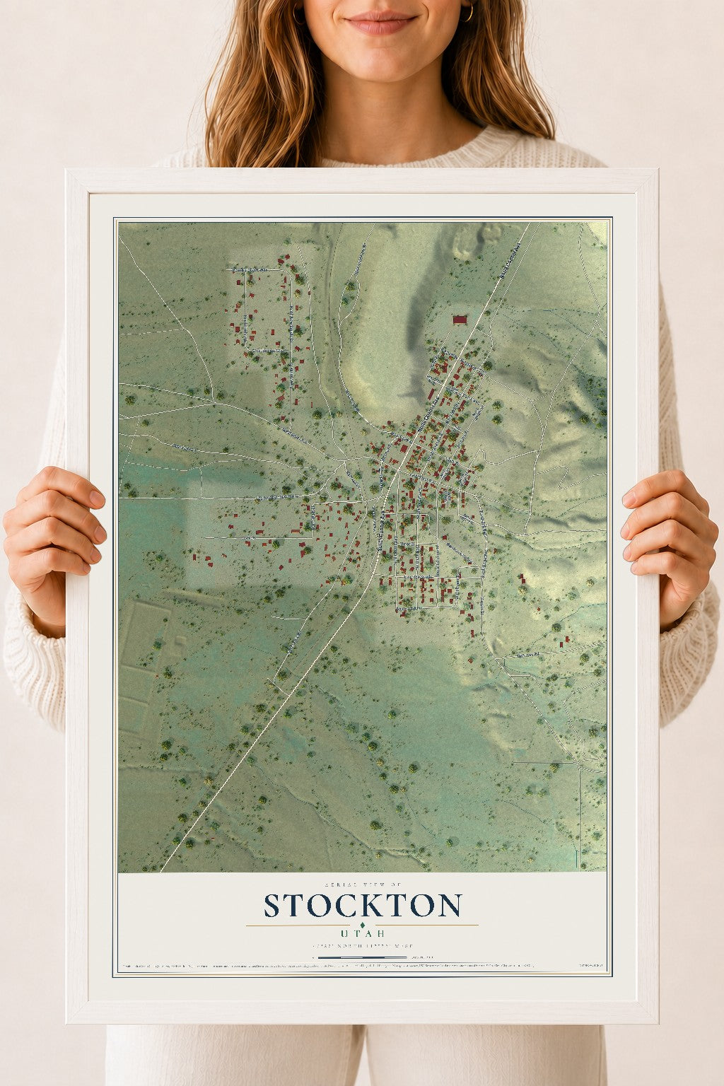 Map of Stockton, Utah, 18 x 24 inch print in a white wood frame