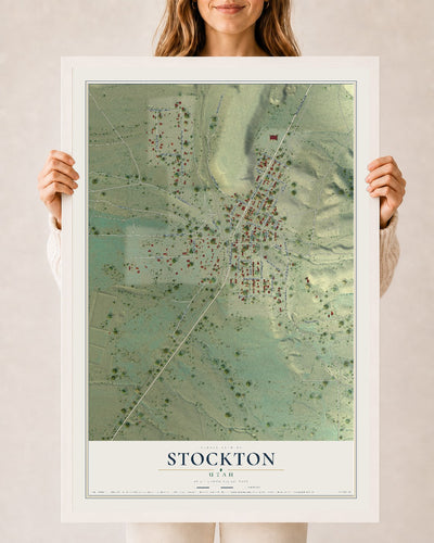 Map of Stockton, Utah, 24 x 36 inch print in a white wood frame