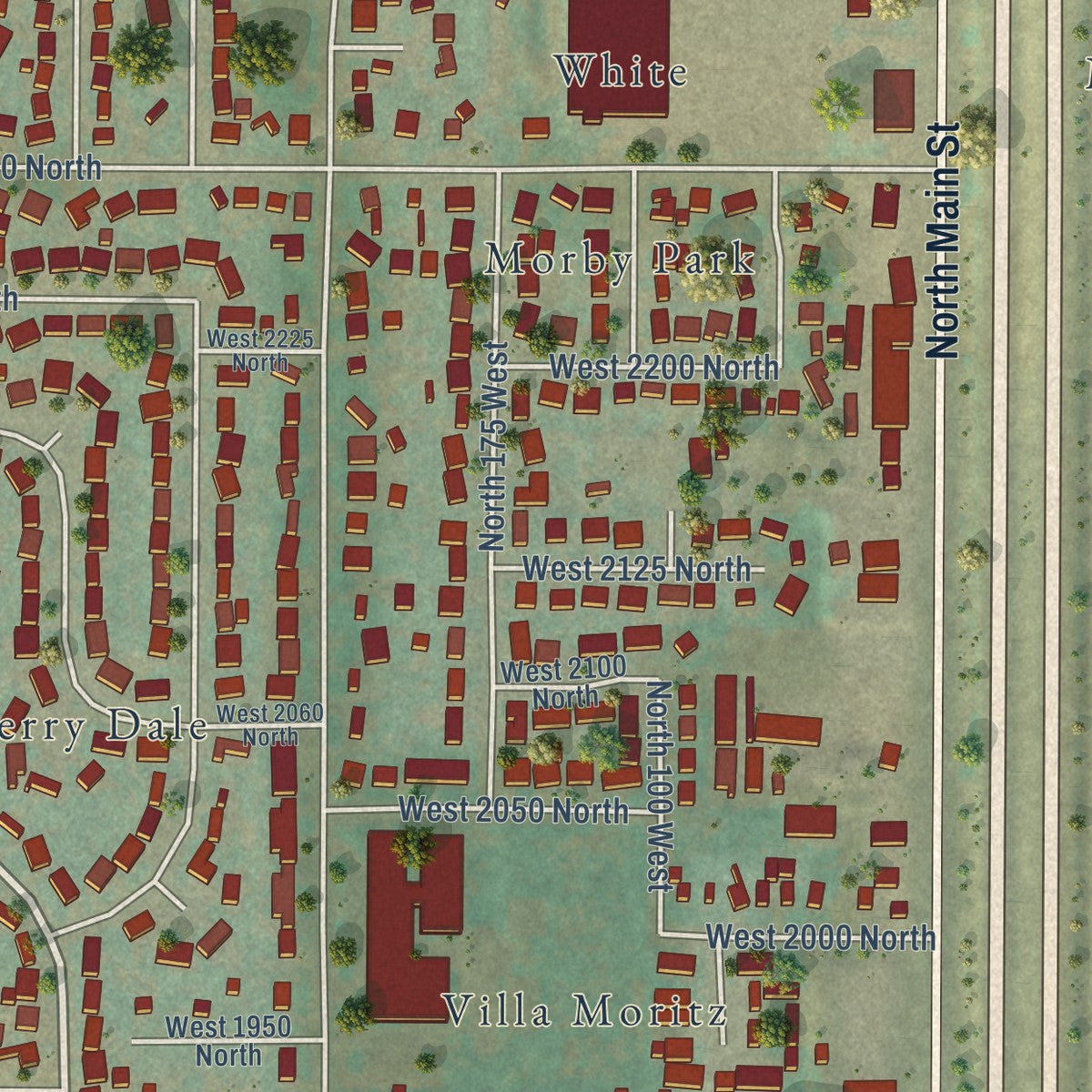 Close-up of the map of Sunset, Utah print showing street and building detail