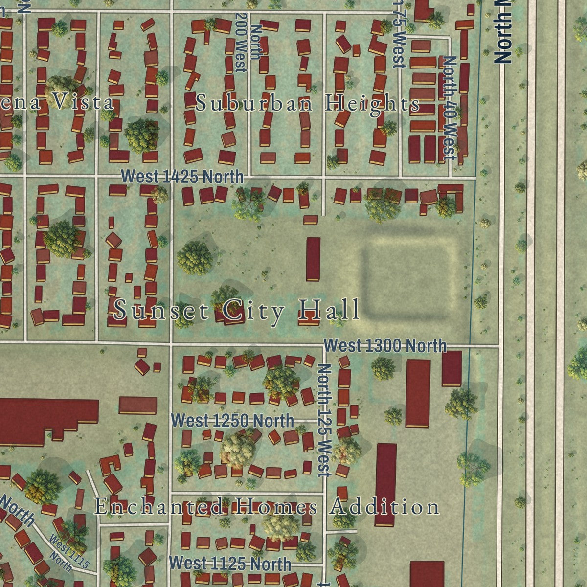 Second close-up of the map of Sunset, Utah print showing more streets and buildings
