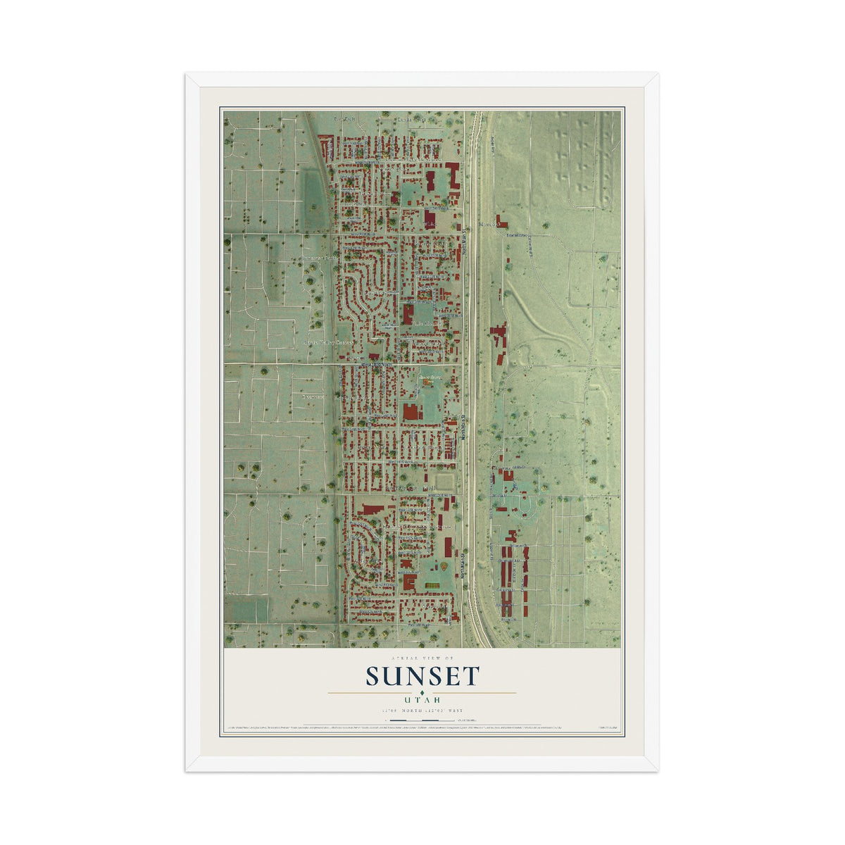 Map of Sunset, Utah, 12 x 18 inch print in a white wood frame