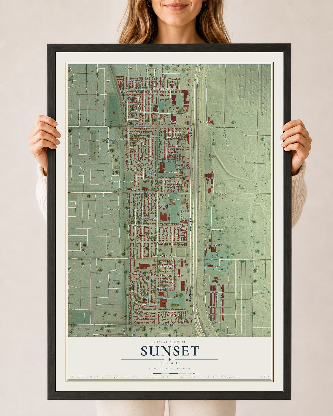 Map of Sunset, Utah, 24 x 36 inch print in a black wood frame