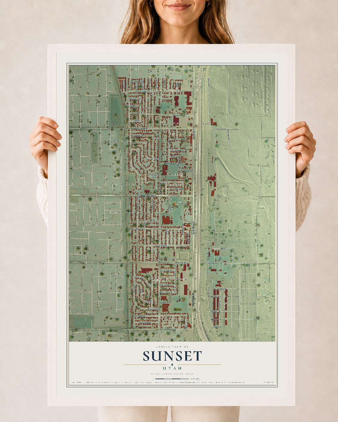 Map of Sunset, Utah, 24 x 36 inch print in a white wood frame