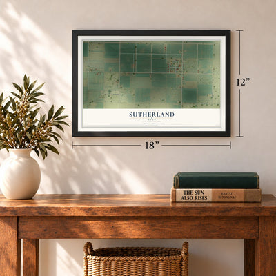 Sutherland, Utah map, 12 x 18 inch print in a black frame in an entryway