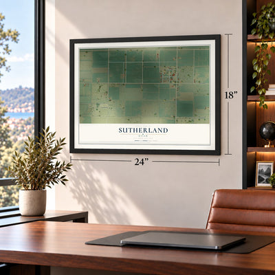 Sutherland, Utah map, 18 x 24 inch print in a black frame in a home office