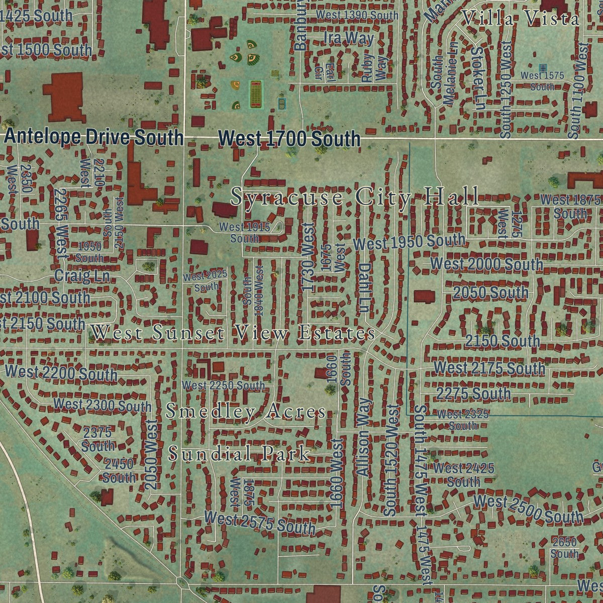 Close-up of the map of Syracuse, Utah print showing street and building detail
