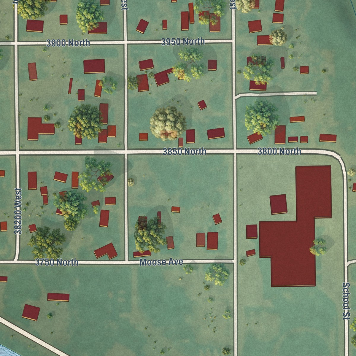 Close-up of the map of Tabiona, Utah print showing street and building detail
