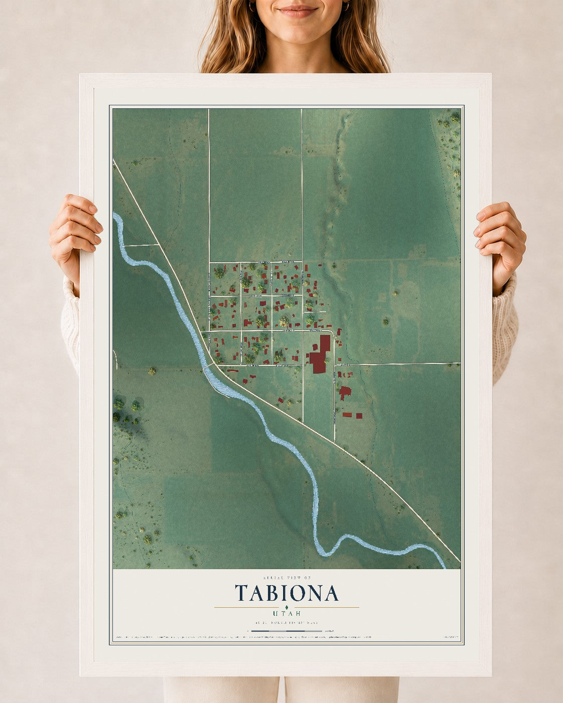 Map of Tabiona, Utah, 24 x 36 inch print in a white wood frame