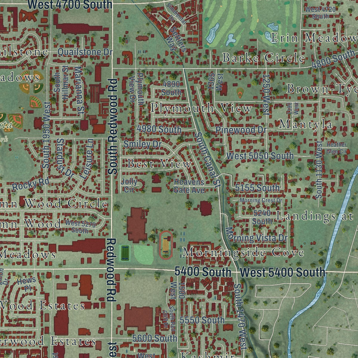 Second close-up of the map of Taylorsville, Utah print showing more streets and buildings