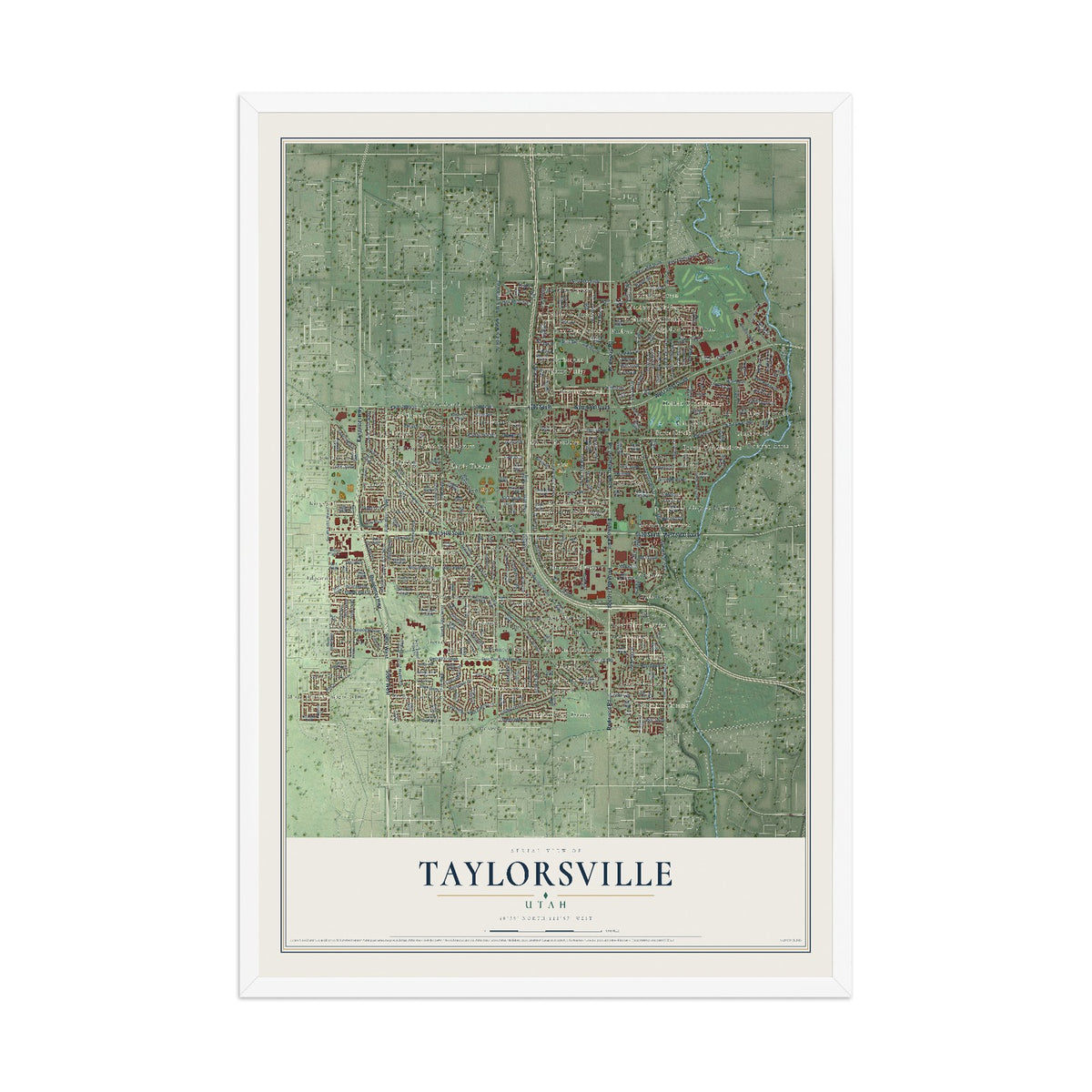Map of Taylorsville, Utah, 12 x 18 inch print in a white wood frame