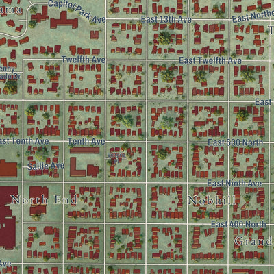 Close-up of the map of The Avenues, Utah print showing street and building detail