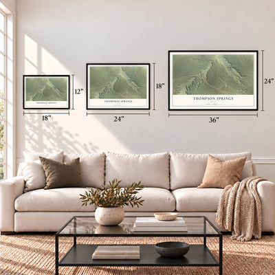 Thompson Springs, Utah map in 12 x 18, 18 x 24 and 24 x 36 inch sizes above a sofa