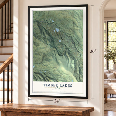 Timber Lakes, Utah map, 24 x 36 inch print in a black frame by a staircase