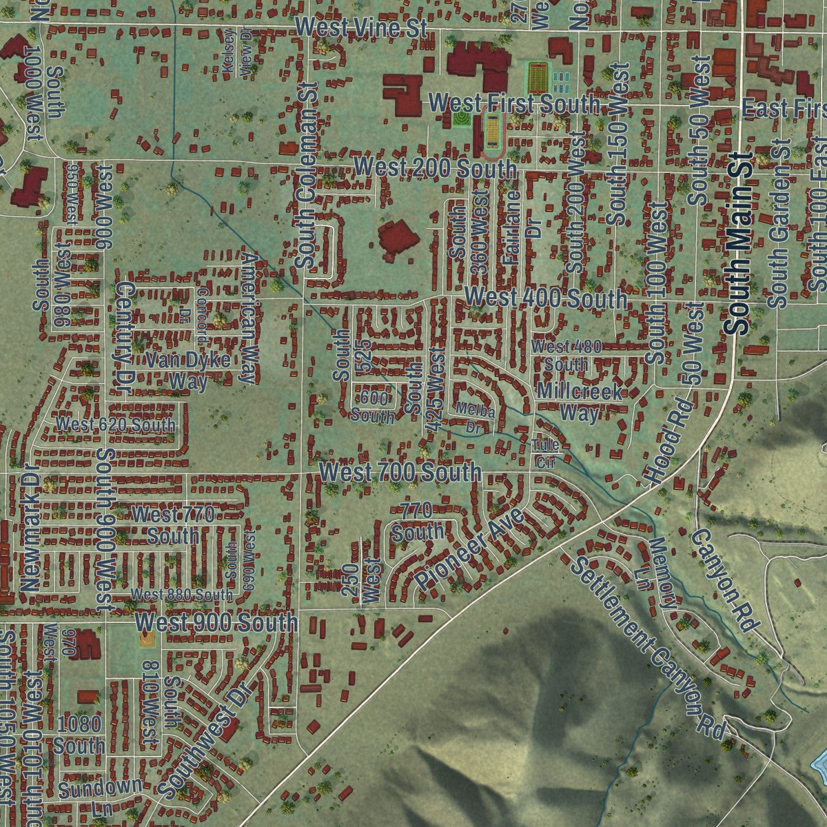 Second close-up of the map of Tooele, Utah print showing more streets and buildings