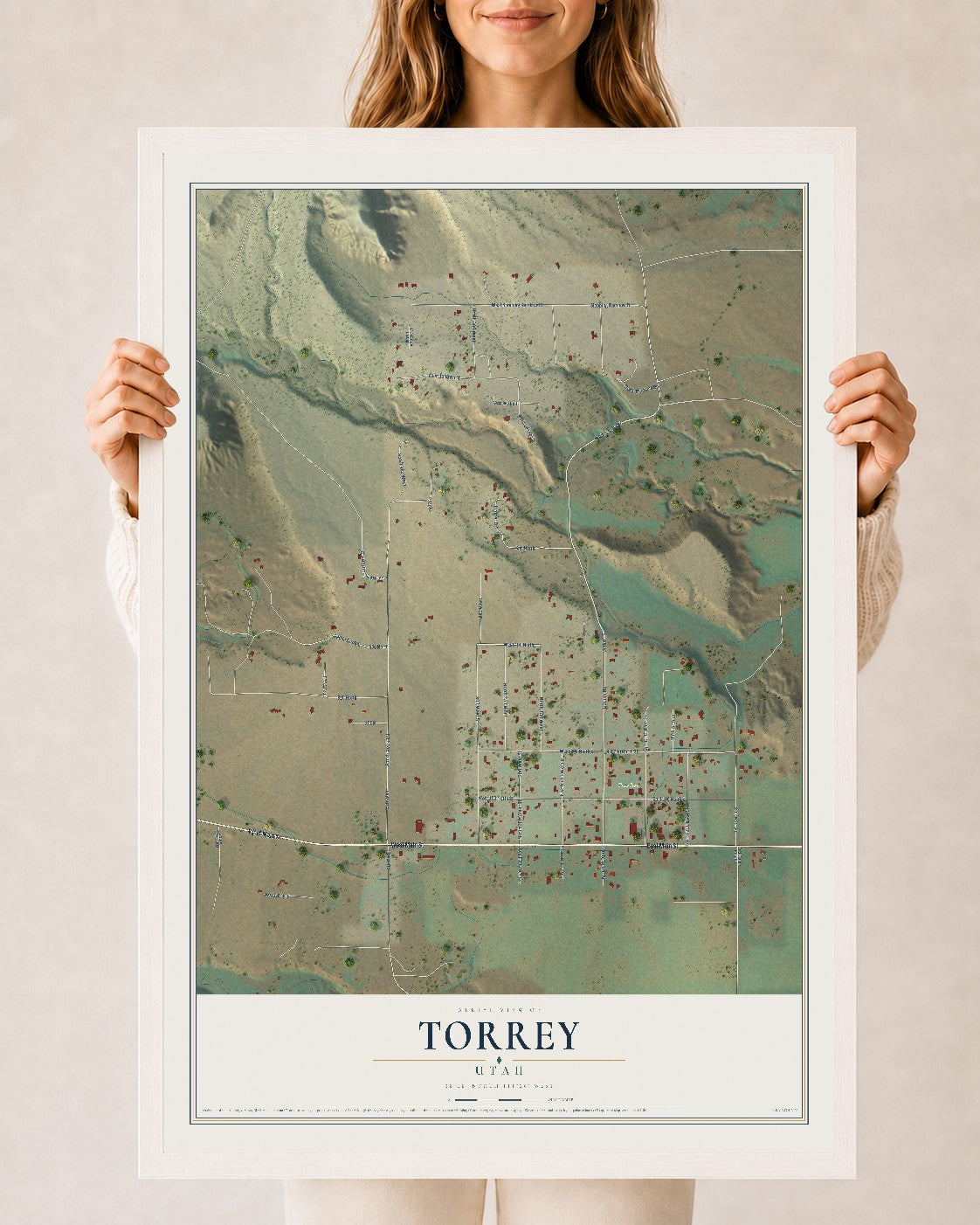 Map of Torrey, Utah, 24 x 36 inch print in a white wood frame