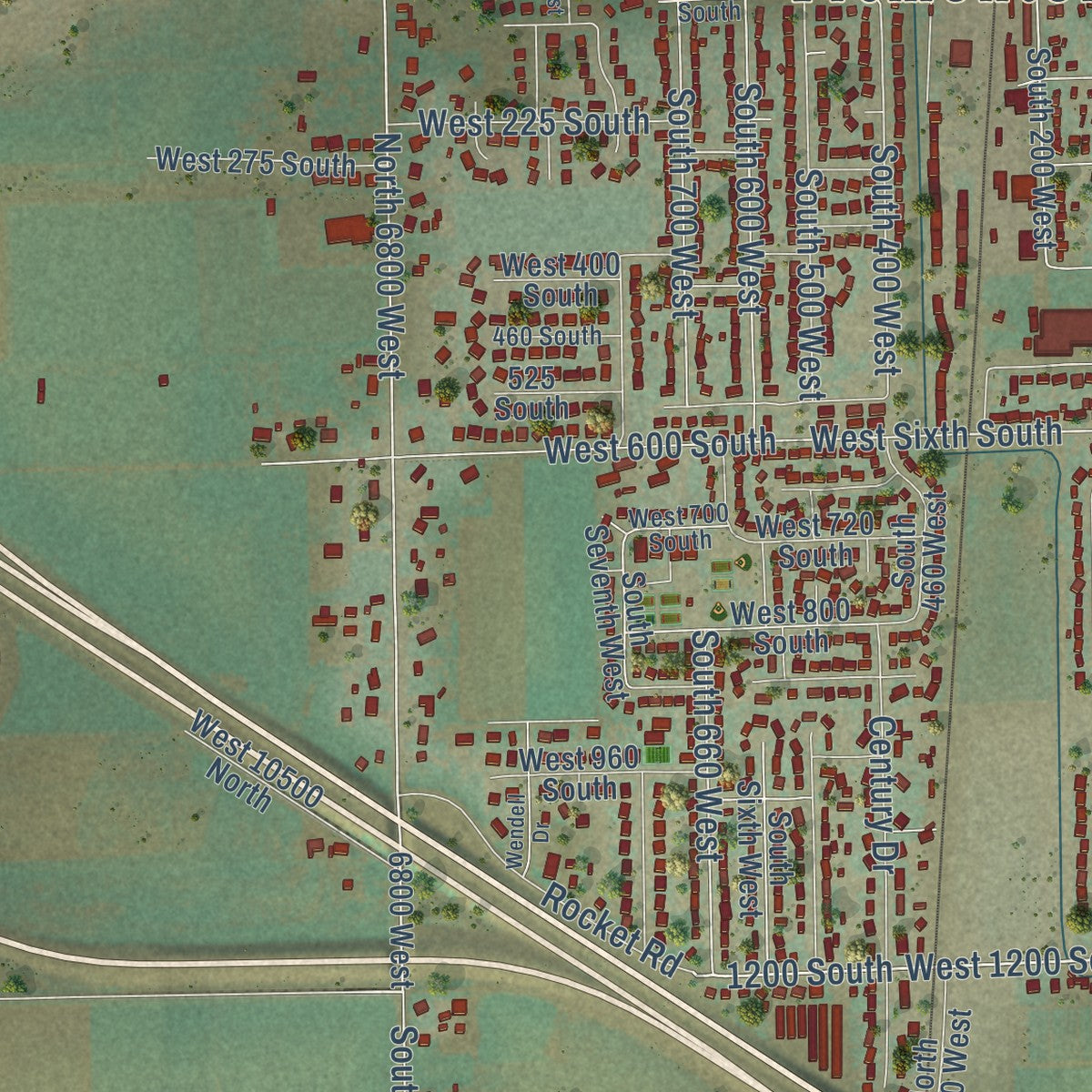 Close-up of the map of Tremonton, Utah print showing street and building detail