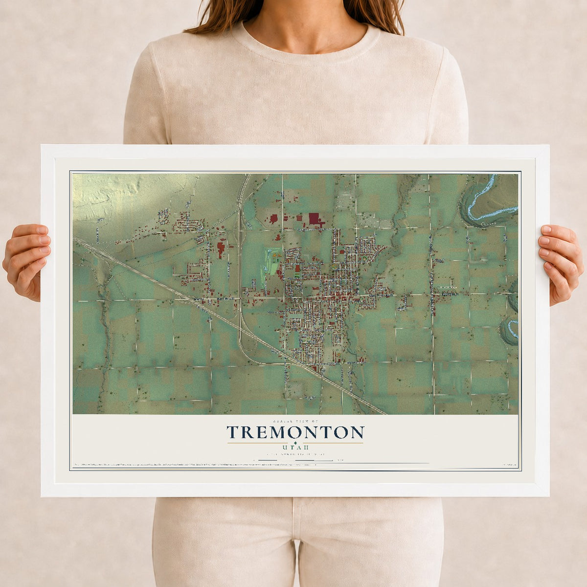 Map of Tremonton, Utah, 12 x 18 inch print in a white wood frame