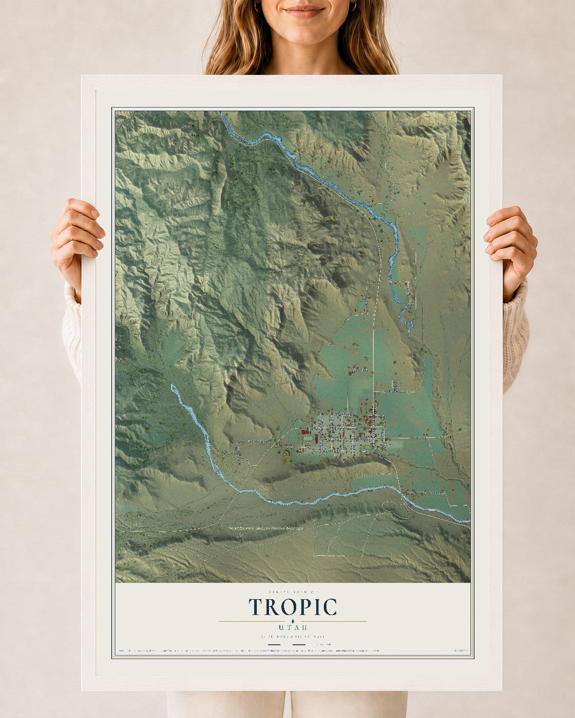 Map of Tropic, Utah, 24 x 36 inch print in a white wood frame