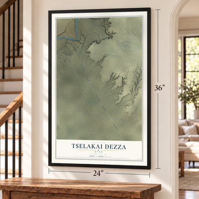 Tselakai Dezza, Utah map, 24 x 36 inch print in a black frame by a staircase