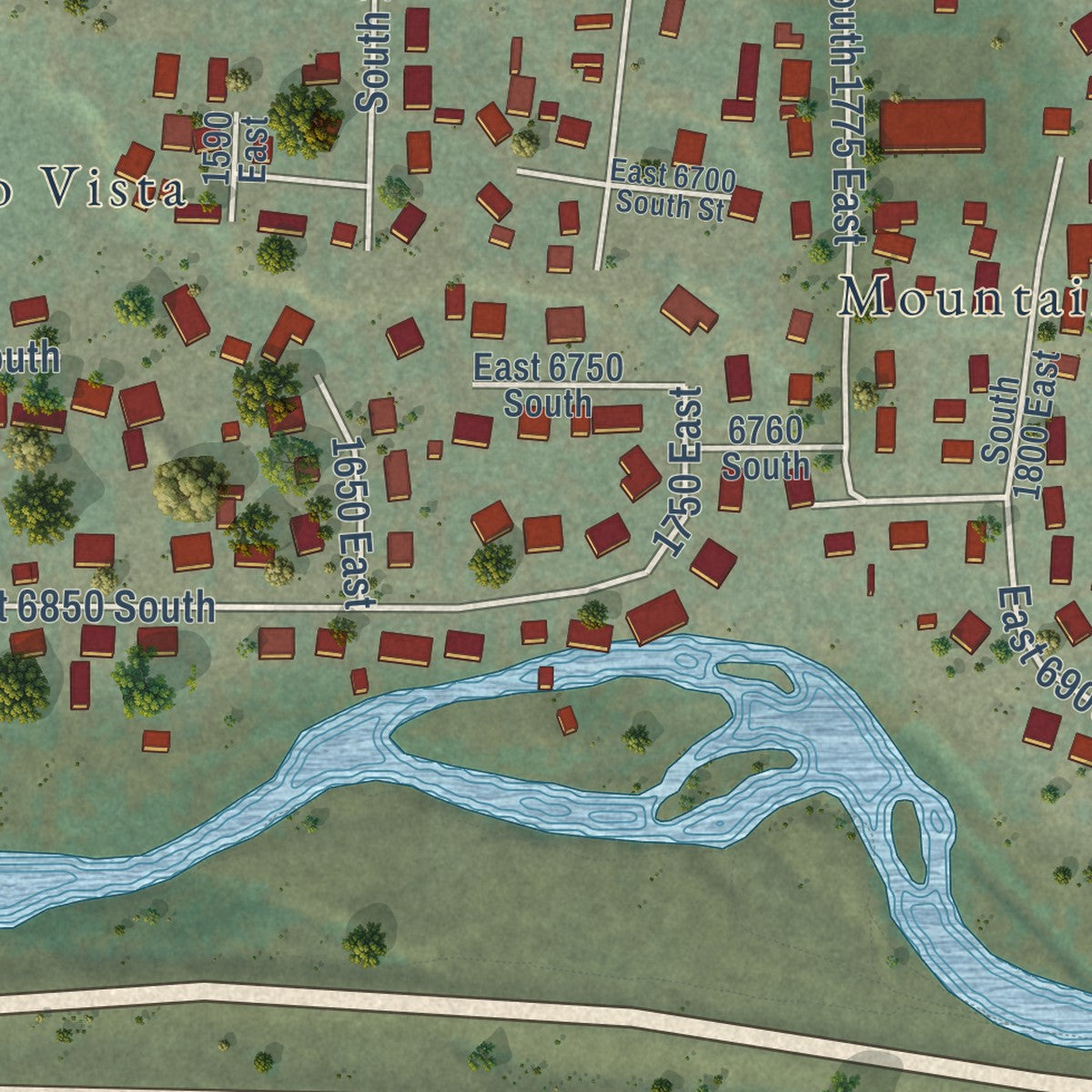 Close-up of the map of Uintah, Utah print showing street and building detail