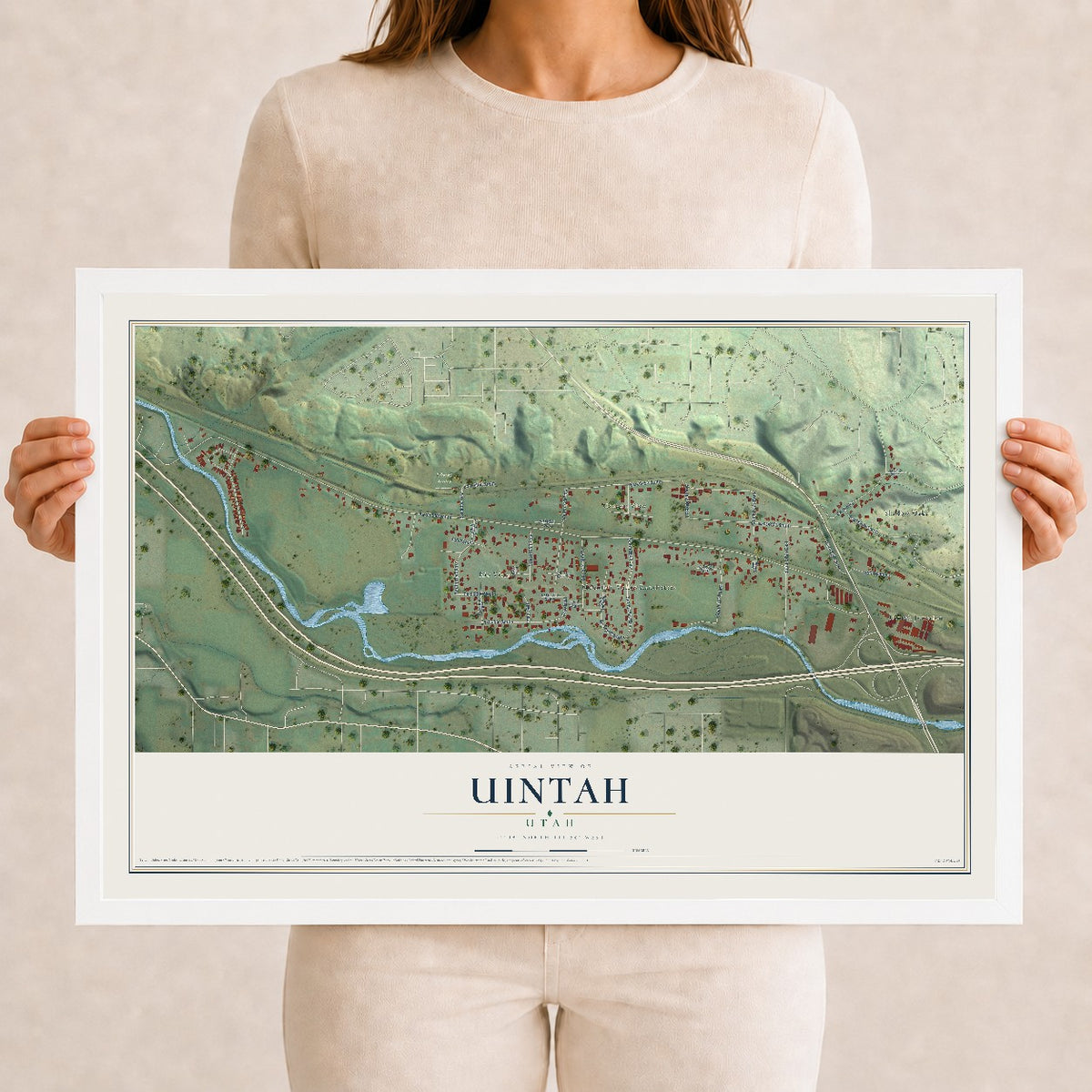 Map of Uintah, Utah, 12 x 18 inch print in a white wood frame