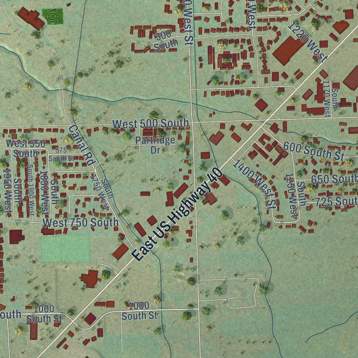 Second close-up of the map of Vernal, Utah print showing more streets and buildings