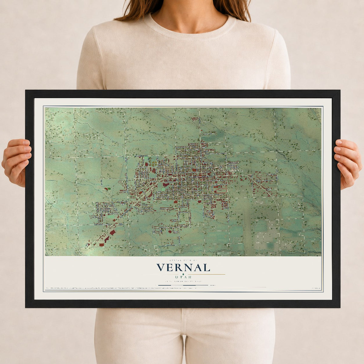 Map of Vernal, Utah, 12 x 18 inch print in a black wood frame