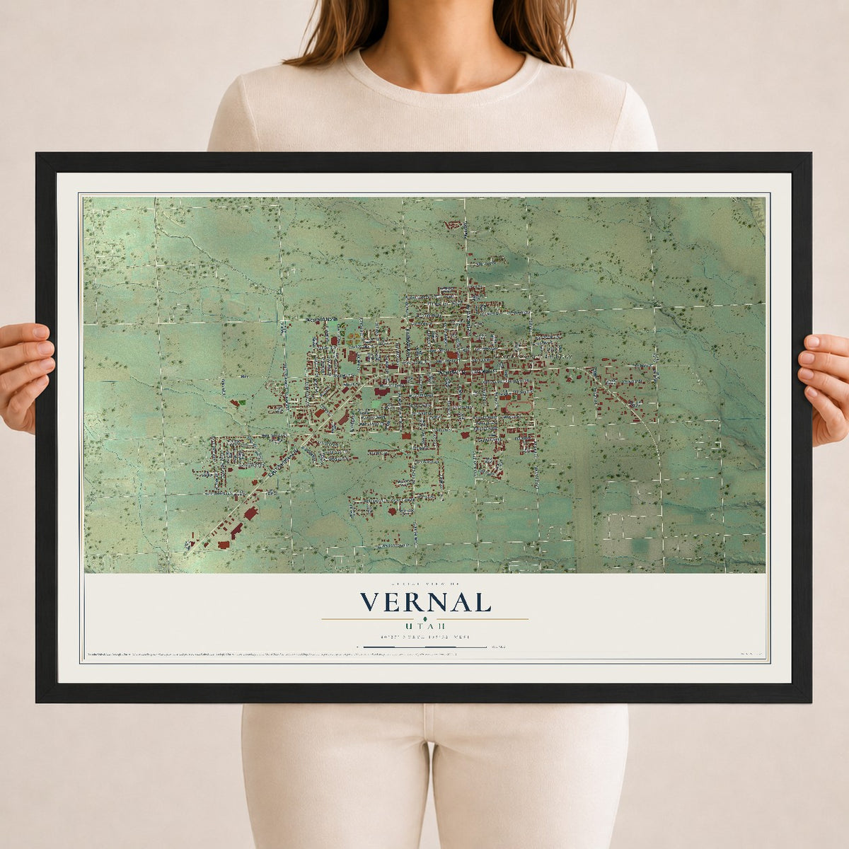 Map of Vernal, Utah, 18 x 24 inch print in a black wood frame