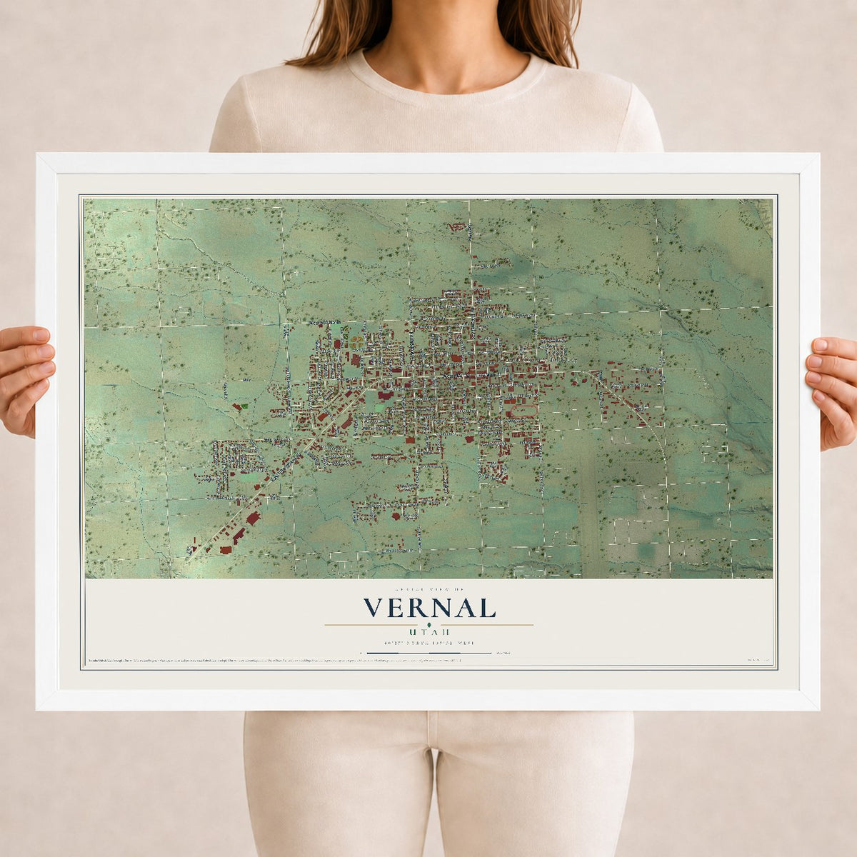 Map of Vernal, Utah, 18 x 24 inch print in a white wood frame
