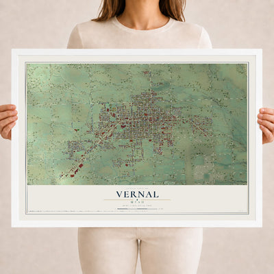Map of Vernal, Utah, 18 x 24 inch print in a white wood frame