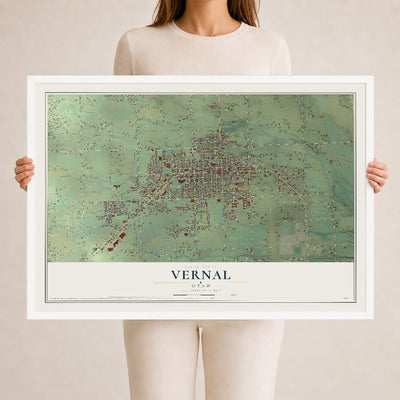 Map of Vernal, Utah, 24 x 36 inch print in a white wood frame