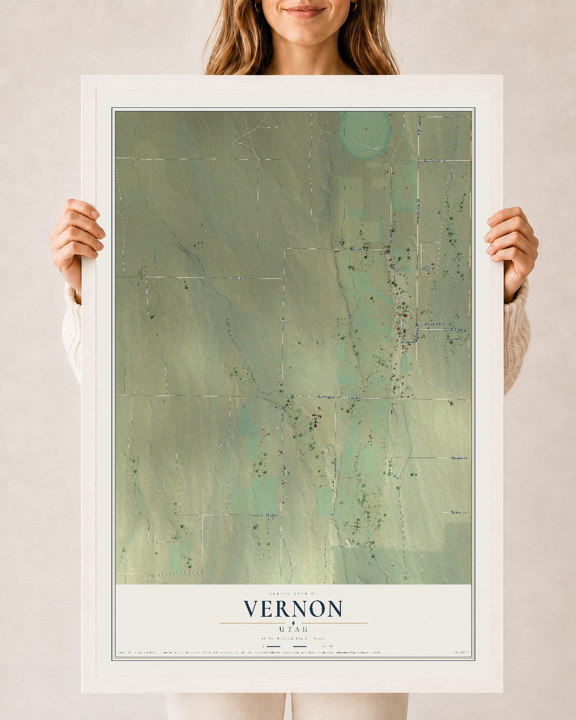 Map of Vernon, Utah, 24 x 36 inch print in a white wood frame