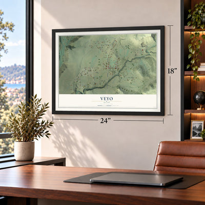 Veyo, Utah map, 18 x 24 inch print in a black frame in a home office
