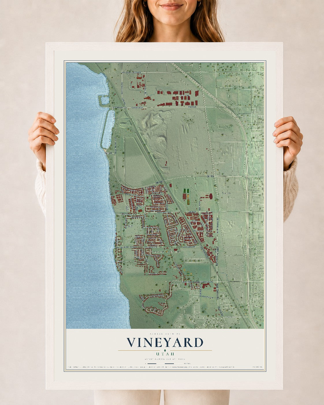 Map of Vineyard, Utah, 24 x 36 inch print in a white wood frame