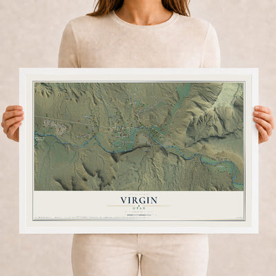 Map of Virgin, Utah, 12 x 18 inch print in a white wood frame