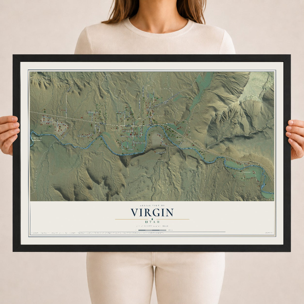 Map of Virgin, Utah, 18 x 24 inch print in a black wood frame