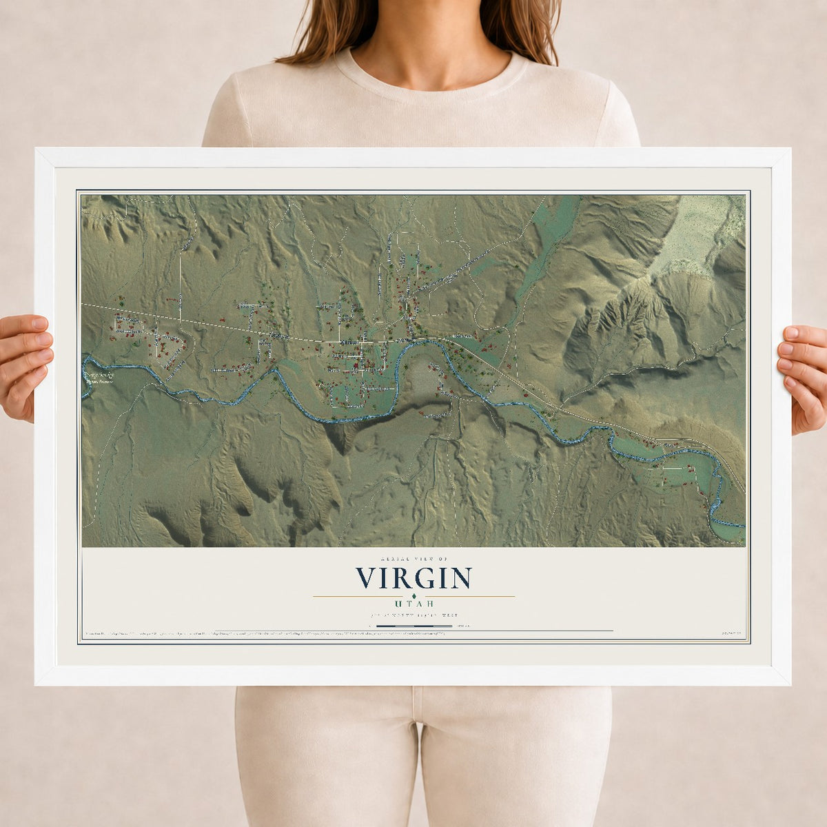 Map of Virgin, Utah, 18 x 24 inch print in a white wood frame