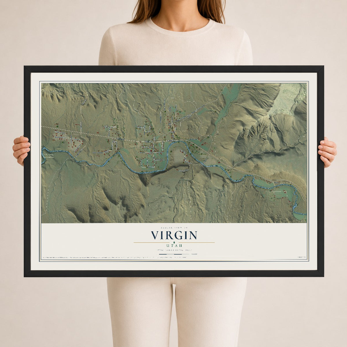 Map of Virgin, Utah, 24 x 36 inch print in a black wood frame