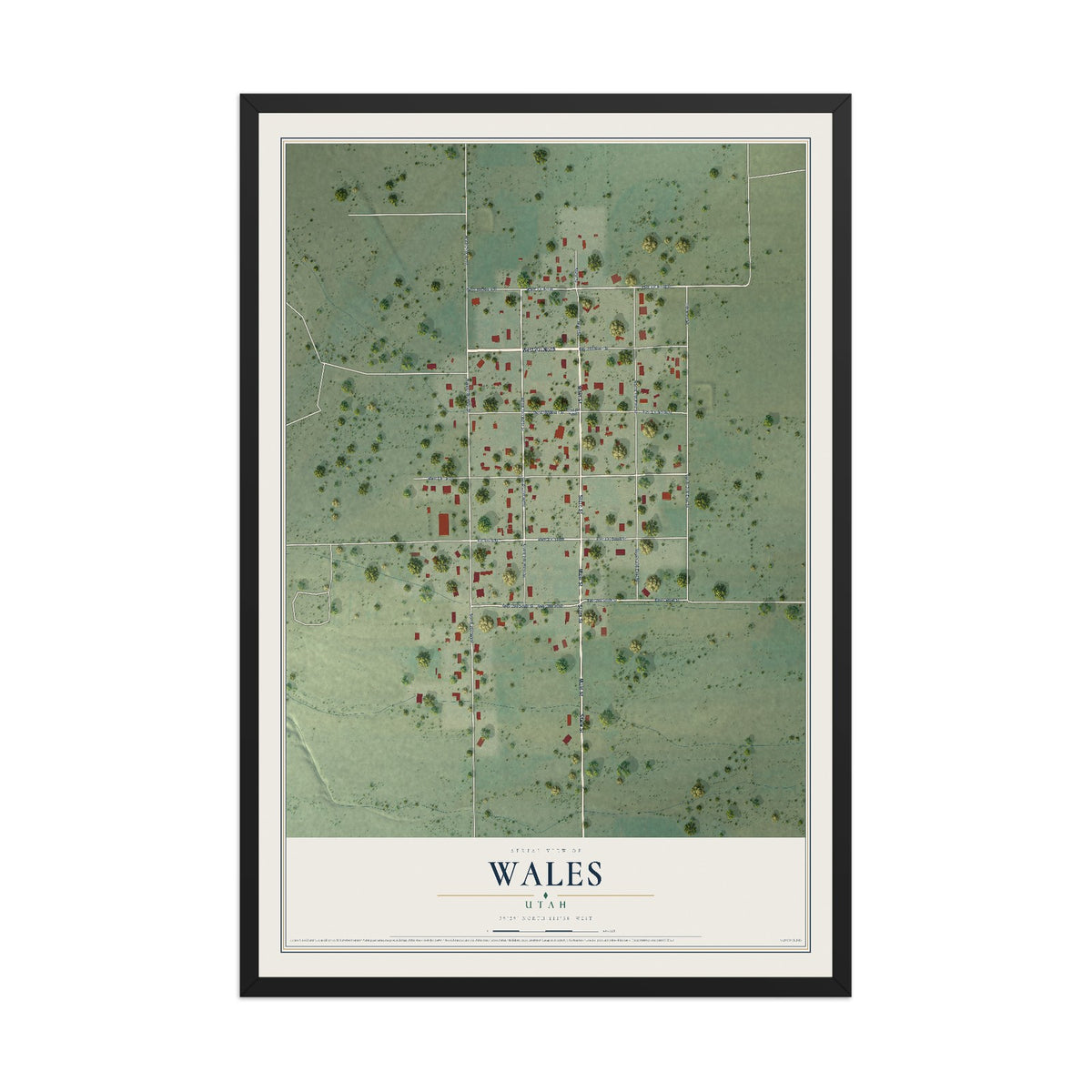 Map of Wales, Utah, 12 x 18 inch print in a black wood frame