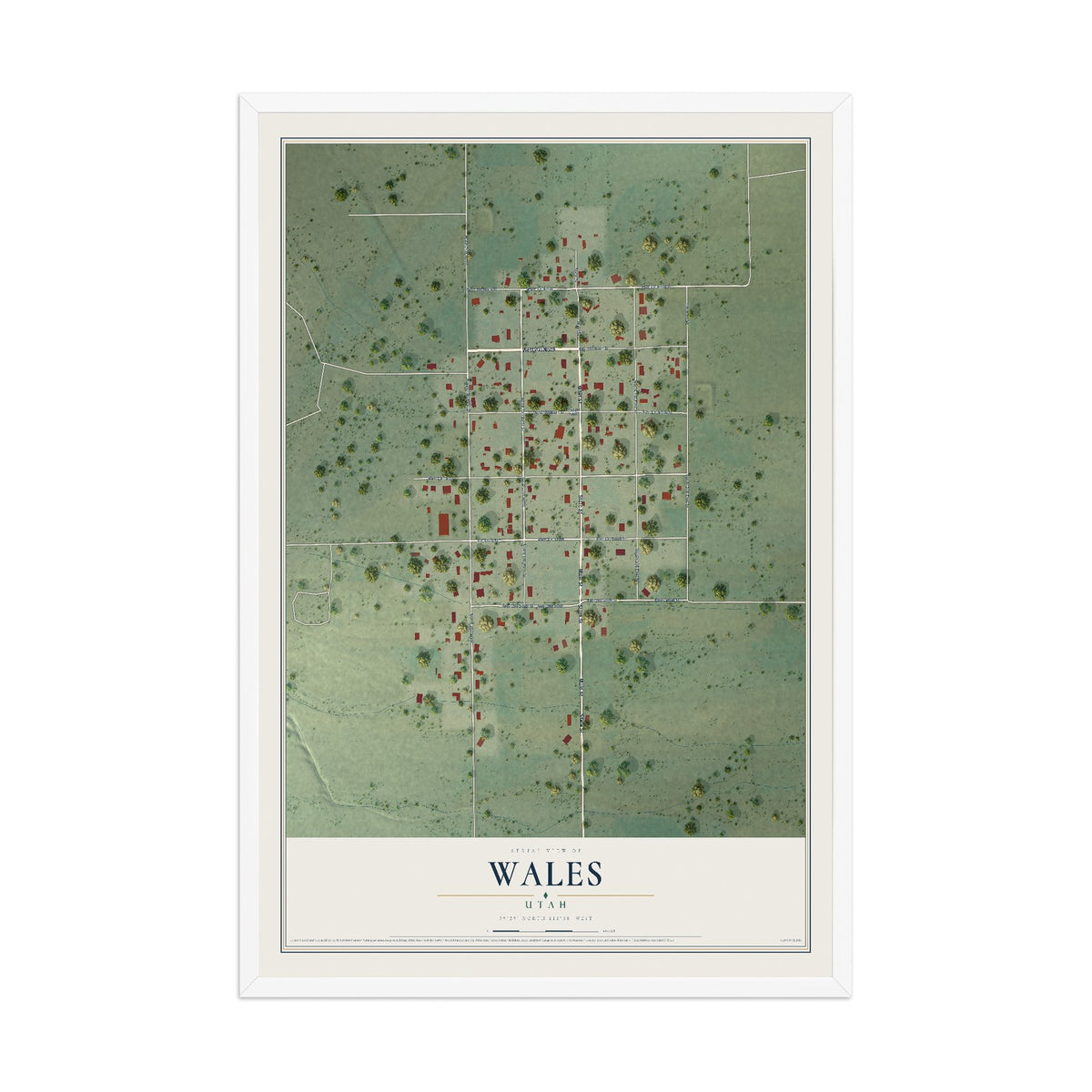 Map of Wales, Utah, 12 x 18 inch print in a white wood frame