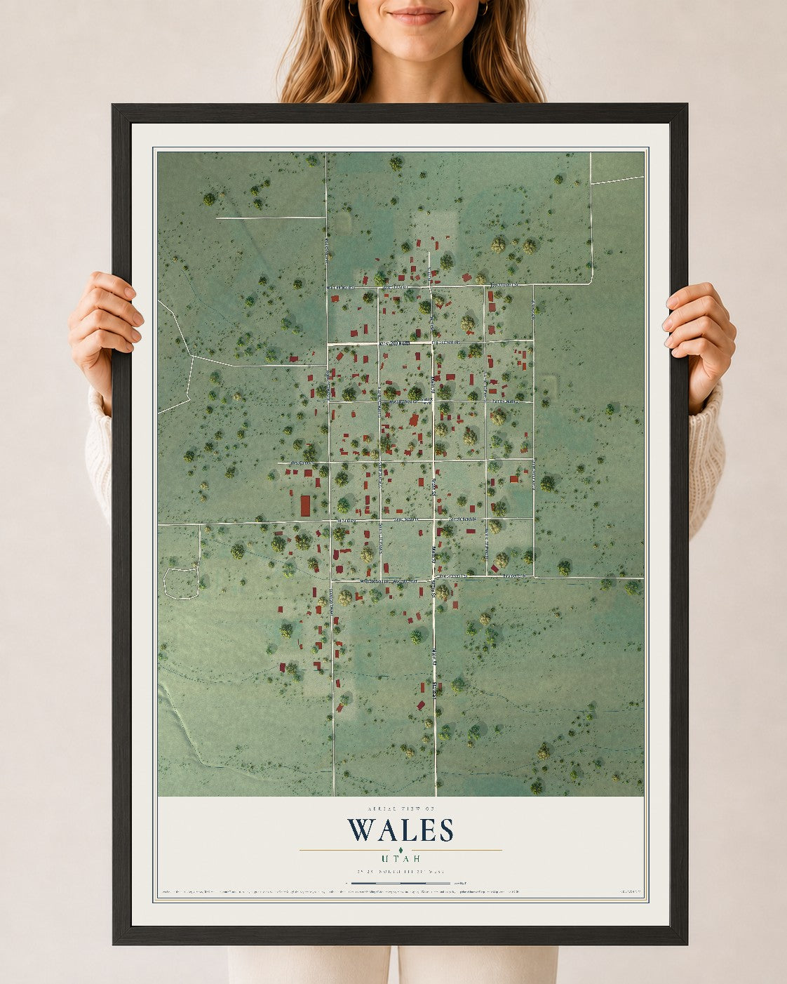 Map of Wales, Utah, 24 x 36 inch print in a black wood frame