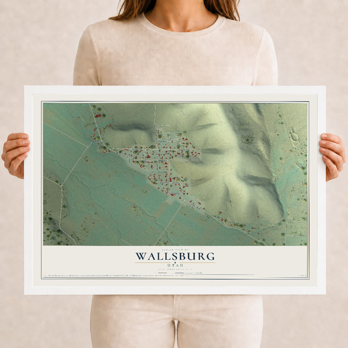 Map of Wallsburg, Utah, 12 x 18 inch print in a white wood frame