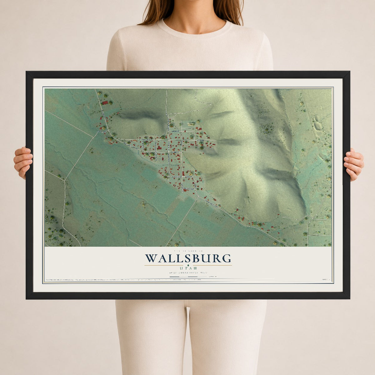 Map of Wallsburg, Utah, 24 x 36 inch print in a black wood frame