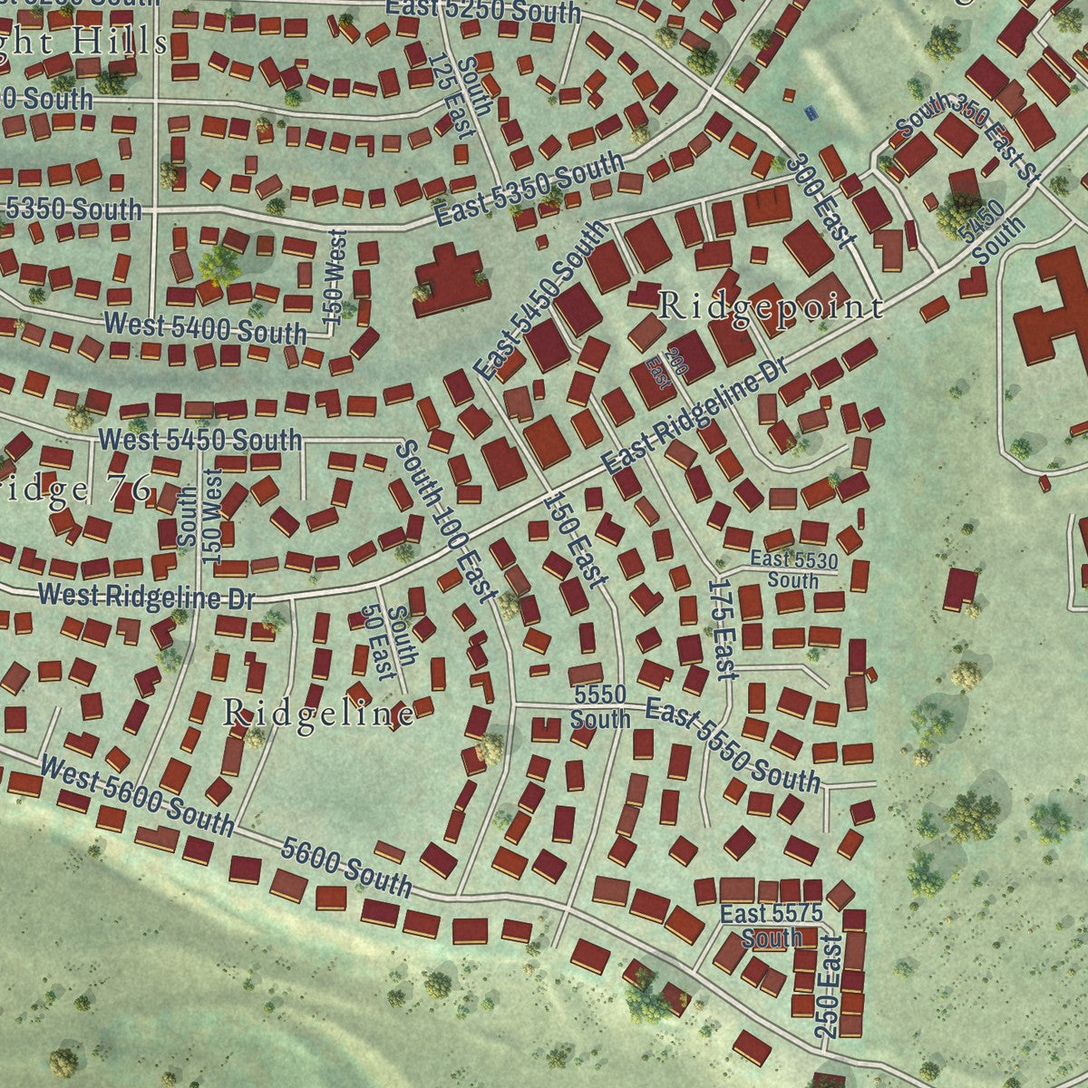Close-up of the map of Washington Terrace, Utah print showing street and building detail