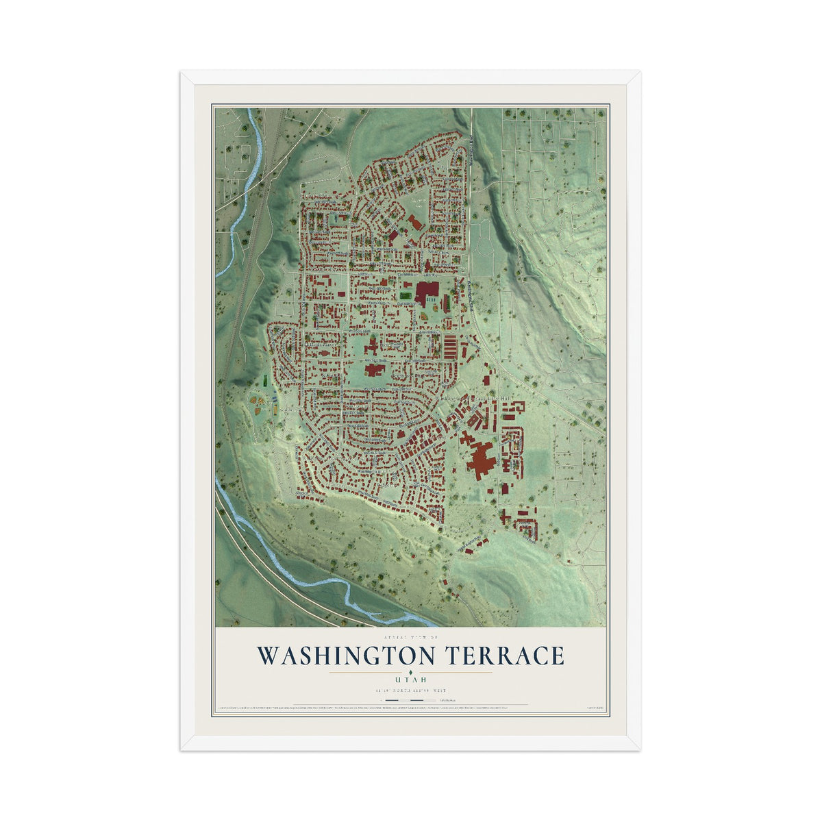 Map of Washington Terrace, Utah, 12 x 18 inch print in a white wood frame