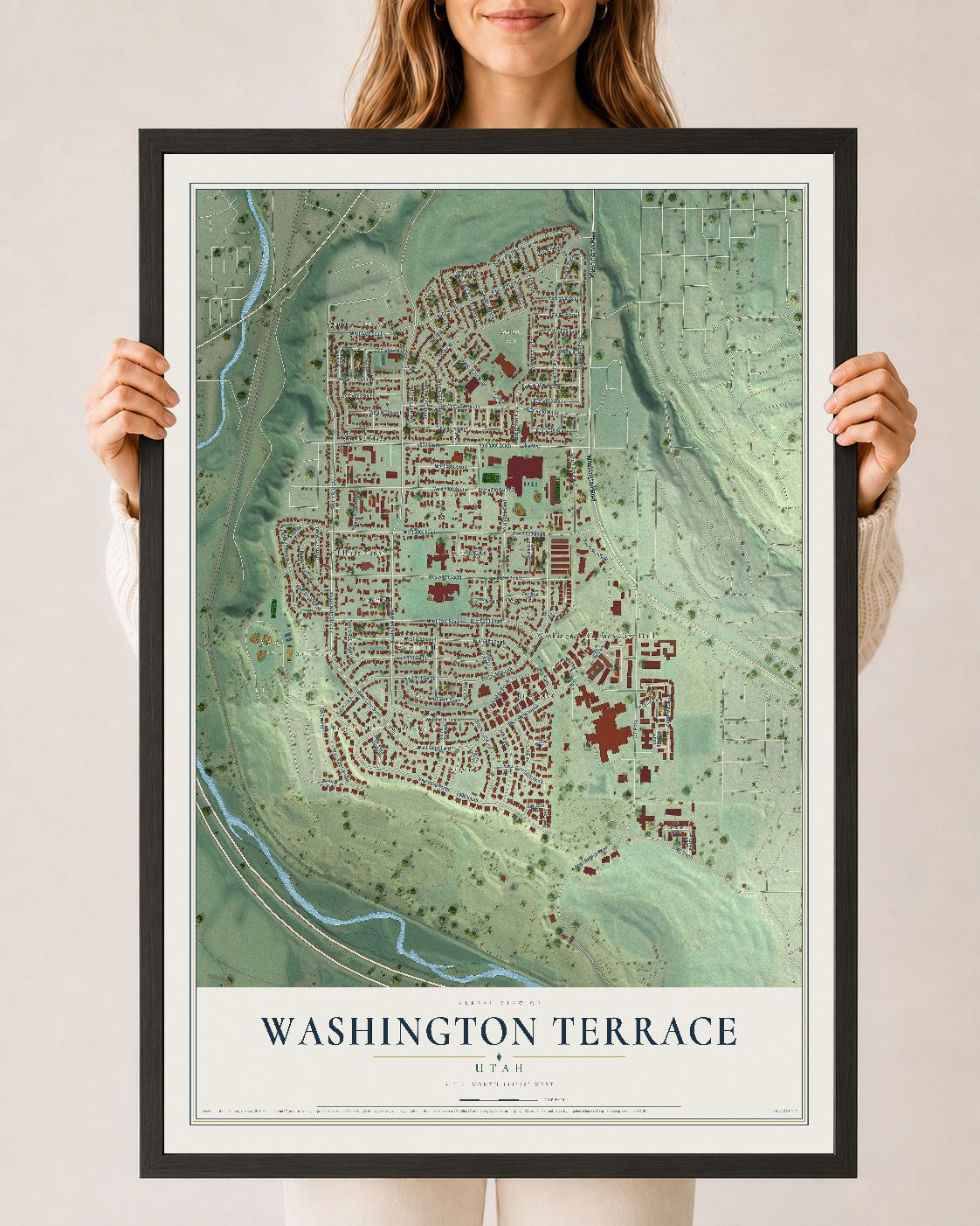 Map of Washington Terrace, Utah, 24 x 36 inch print in a black wood frame