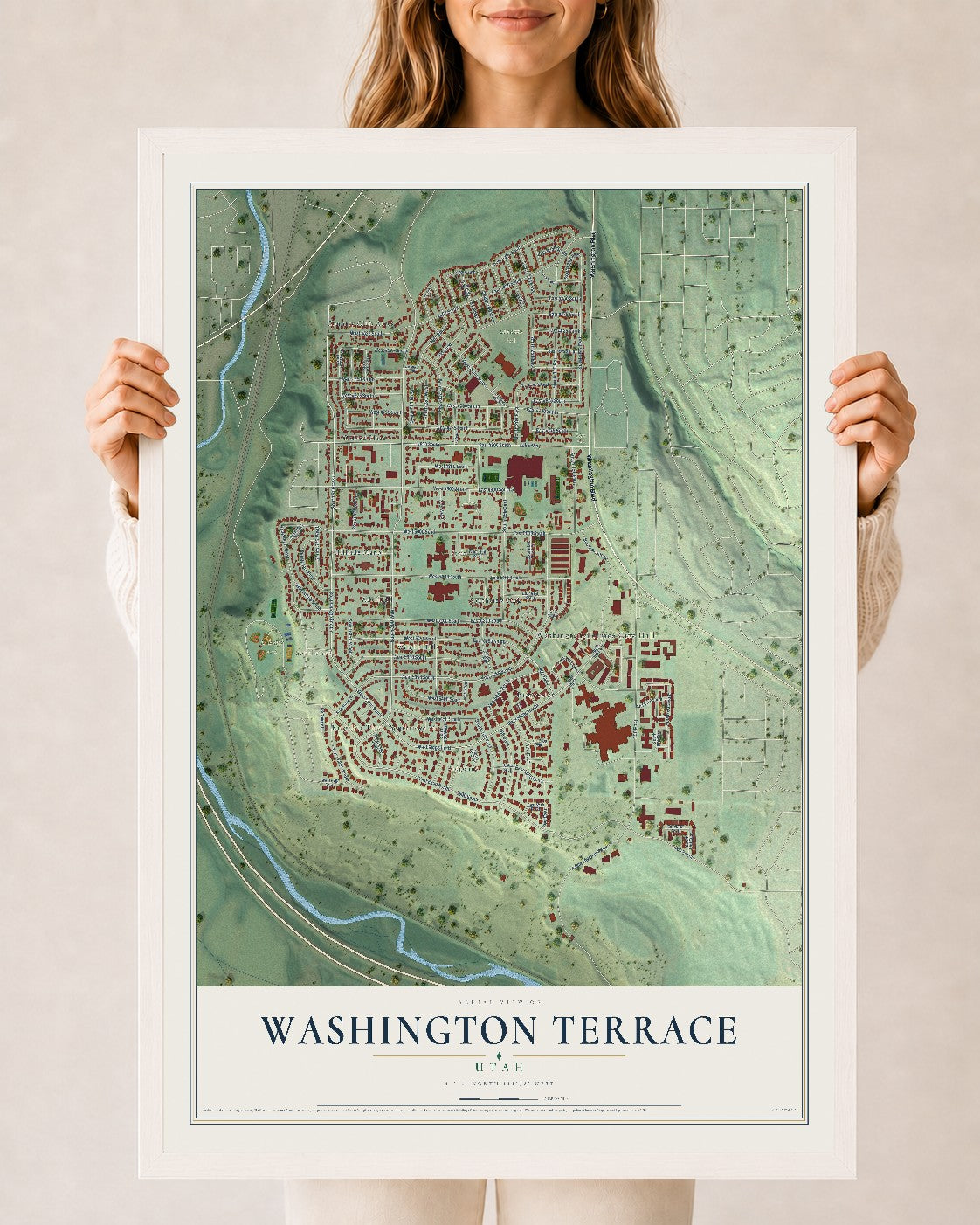 Map of Washington Terrace, Utah, 24 x 36 inch print in a white wood frame