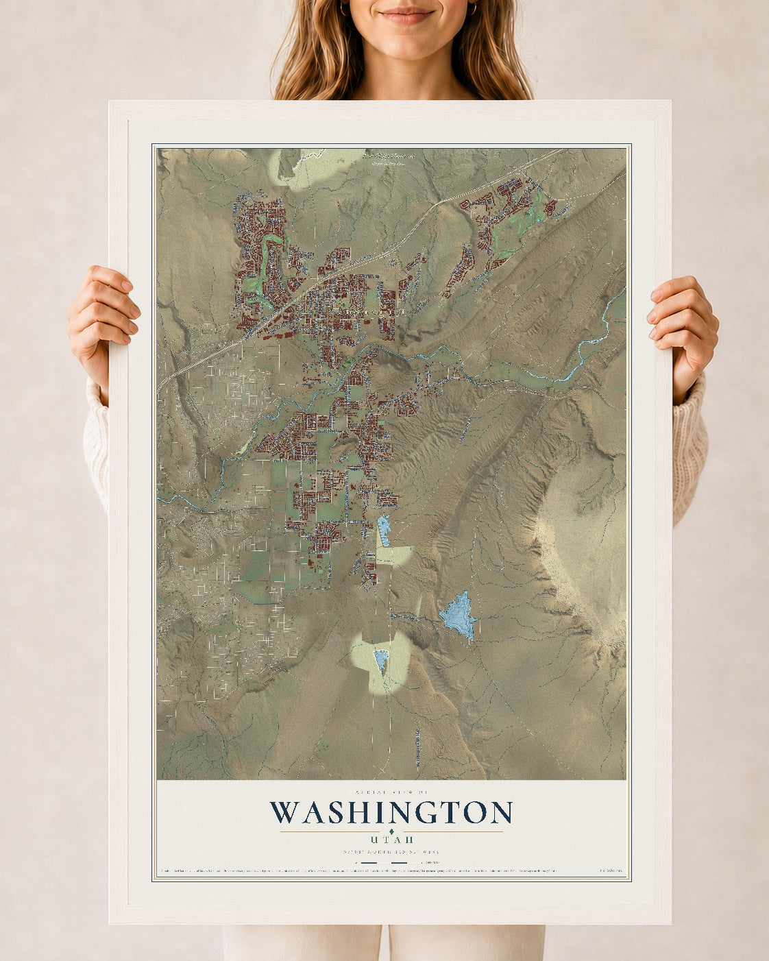 Map of Washington, Utah, 24 x 36 inch print in a white wood frame