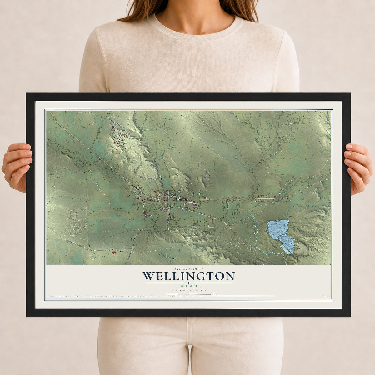 Map of Wellington, Utah, 12 x 18 inch print in a black wood frame